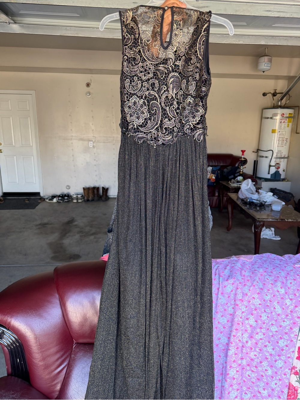 Sleeveless Metallic Black Lace Bodice Evening Dress
